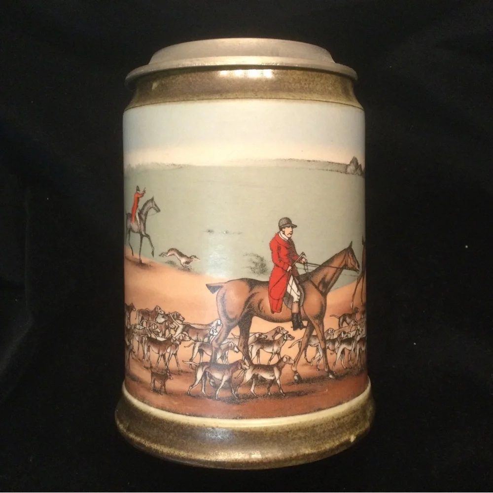 VTG M/R Marzi & Remy German Lidded Beer Stein Pewter The Hunt Fox Hound Germany.
